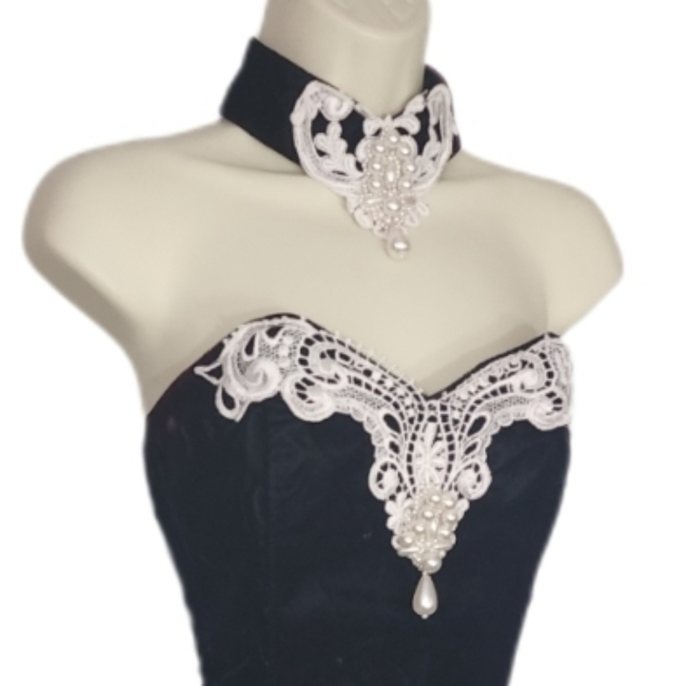 Scott McClintock Dress Vintage Velvet Faux Pearl And Lace Choker Black Size 4 - Picture 13 of 14
